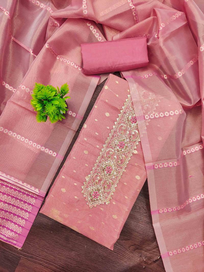 Pink silk  embroidered unstitched dressmaterials 3 pair top bottom dupptaa