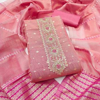 Pink silk  embroidered unstitched dressmaterials 3 pair top bottom dupptaa 2