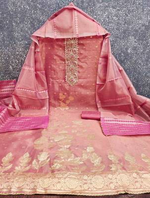 Pink silk  embroidered unstitched dressmaterials 3 pair top bottom dupptaa 3