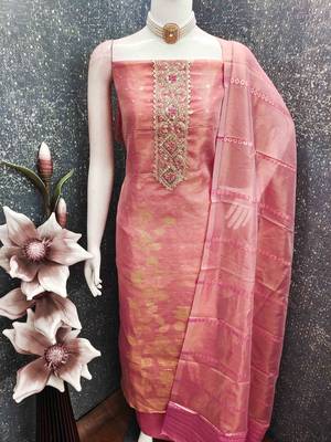 Pink silk  embroidered unstitched dressmaterials 3 pair top bottom dupptaa 4