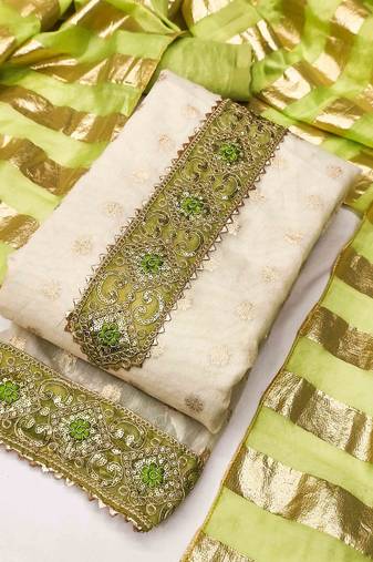 Green silk  embroidered unstitched dressmaterials 3 pair top bottom dupptaa