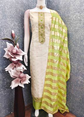 Green silk  embroidered unstitched dressmaterials 3 pair top bottom dupptaa 4