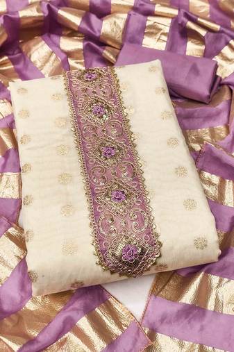 lavender silk blend embroidered unstitched dressmaterials 3 pair top bottom dupptaa