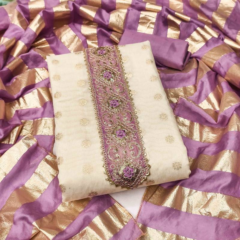 Lavender silk embroidered unstitched dressmaterials 3 pair top bottom dupptaa