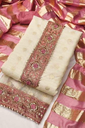 pink silk blend embroidered unstitched dressmaterials 3 pair top bottom dupptaa
