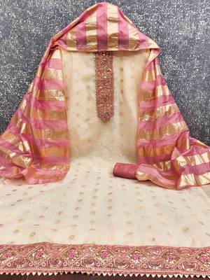 Pink silk  embroidered unstitched dressmaterials 3 pair top bottom dupptaa 2