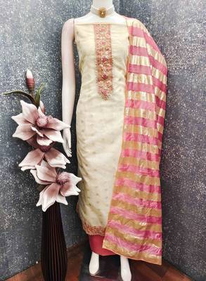 Pink silk  embroidered unstitched dressmaterials 3 pair top bottom dupptaa 3