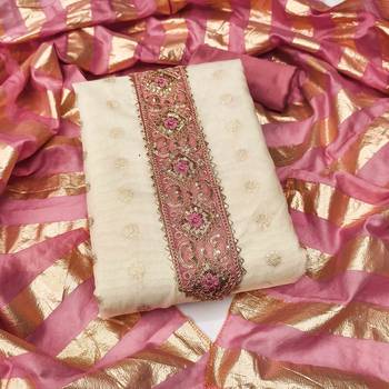 Pink silk  embroidered unstitched dressmaterials 3 pair top bottom dupptaa 4