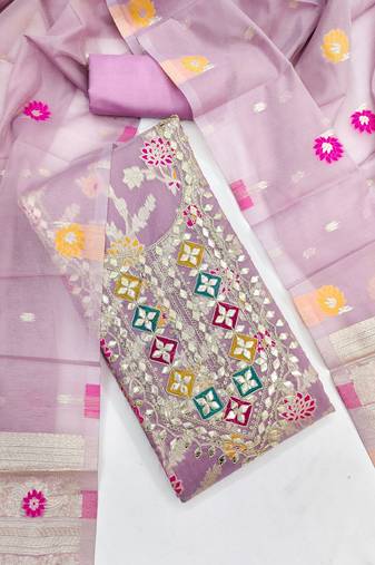 Lavender chanderi embroidered unstitched dressmaterials 3 pair top bottom dupptaa