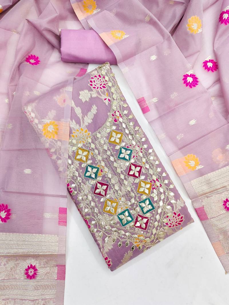 Lavender chanderi embroidered unstitched dressmaterials 3 pair top bottom dupptaa