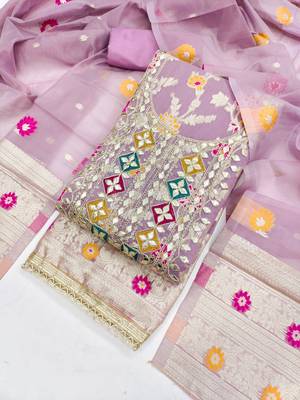 Lavender chanderi embroidered unstitched dressmaterials 3 pair top bottom dupptaa 2