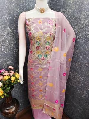 Lavender chanderi embroidered unstitched dressmaterials 3 pair top bottom dupptaa 3