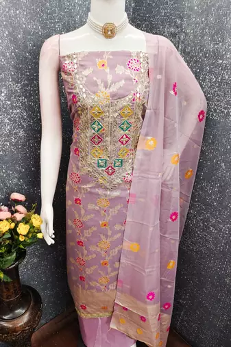 Lavender chanderi embroidered unstitched dressmaterials 3 pair top bottom dupptaa