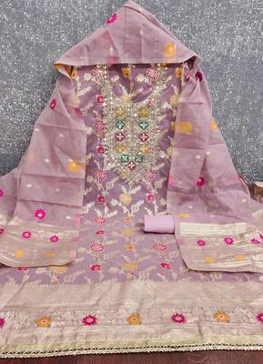 Lavender chanderi embroidered unstitched dressmaterials 3 pair top bottom dupptaa 4