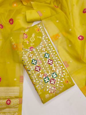 Sea green chanderi embroidered unstitched dressmaterials 3 pair top bottom dupptaa 1