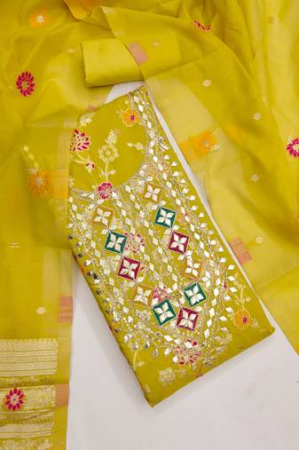 Sea green chanderi embroidered unstitched dressmaterials 3 pair top bottom dupptaa