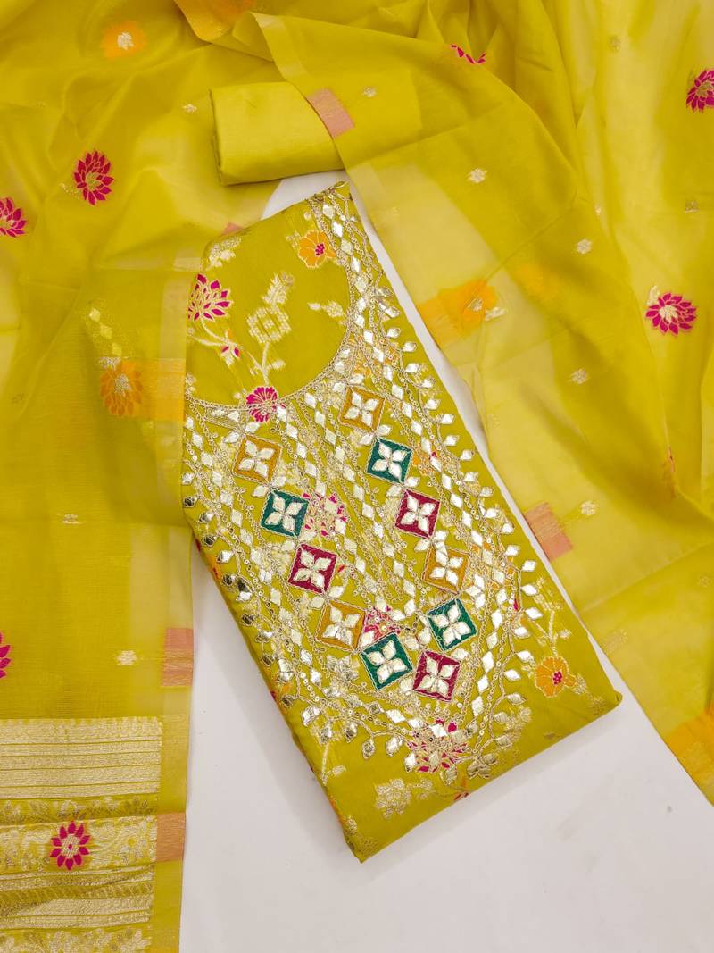 Sea green chanderi embroidered unstitched dressmaterials 3 pair top bottom dupptaa