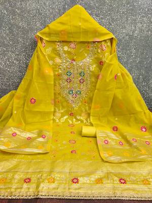 Sea green chanderi embroidered unstitched dressmaterials 3 pair top bottom dupptaa 2
