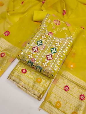 Sea green chanderi embroidered unstitched dressmaterials 3 pair top bottom dupptaa 3