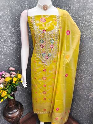 Sea green chanderi embroidered unstitched dressmaterials 3 pair top bottom dupptaa 4