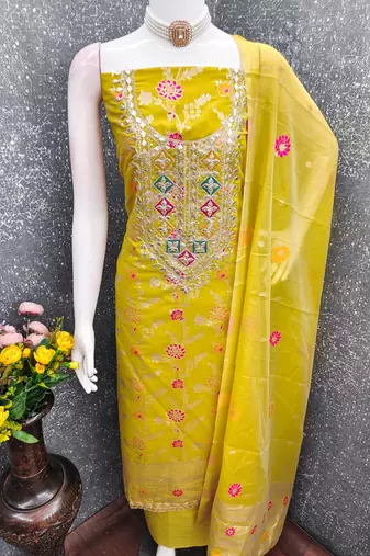 Sea green chanderi embroidered unstitched dressmaterials 3 pair top bottom dupptaa