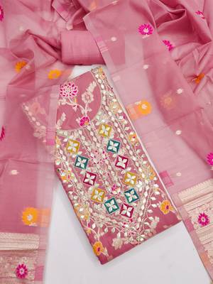 Pink chanderi  embroidered unstitched dressmaterials 3 pair top bottom dupptaa 1