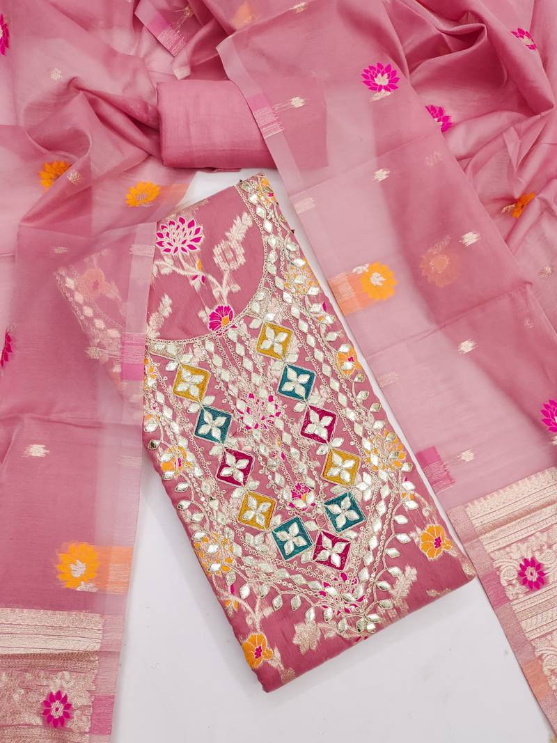 Pink chanderi  embroidered unstitched dressmaterials 3 pair top bottom dupptaa