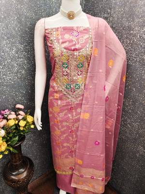 Pink chanderi  embroidered unstitched dressmaterials 3 pair top bottom dupptaa 2