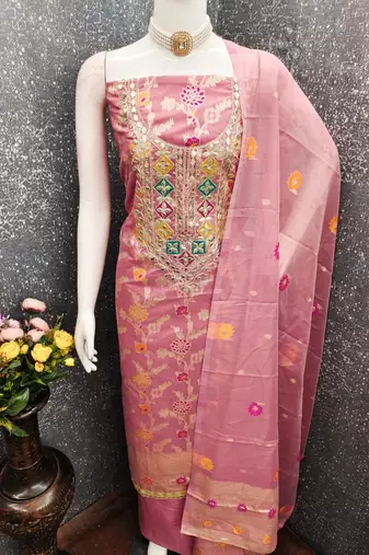 Pink chanderi  embroidered unstitched dressmaterials 3 pair top bottom dupptaa