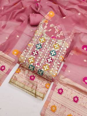 Pink chanderi  embroidered unstitched dressmaterials 3 pair top bottom dupptaa 3
