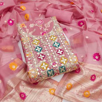 Pink chanderi  embroidered unstitched dressmaterials 3 pair top bottom dupptaa 4