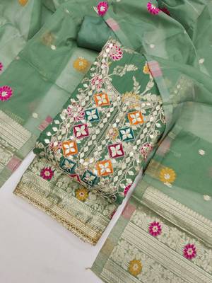 Sky chanderi embroidered unstitched dressmaterials 3 pair top bottom dupptaa 1