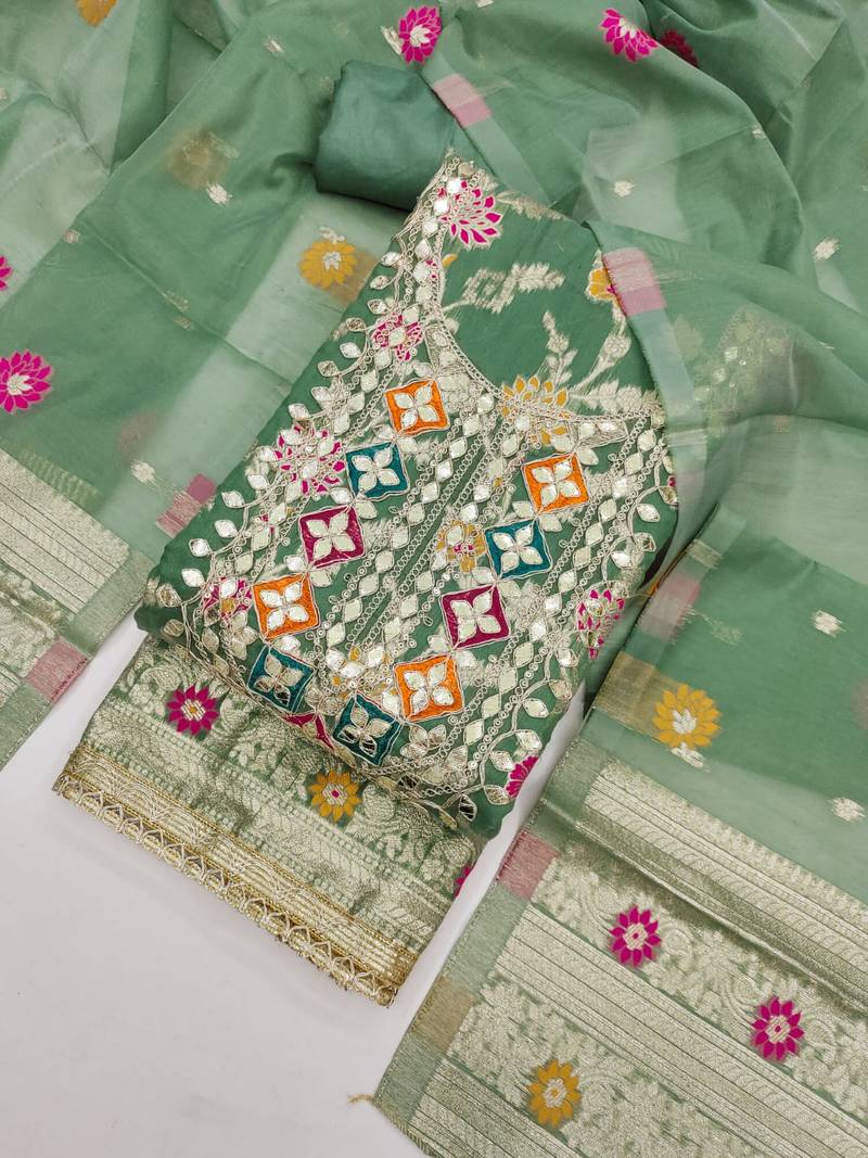Sky chanderi embroidered unstitched dressmaterials 3 pair top bottom dupptaa