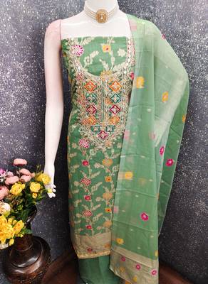 Sky chanderi embroidered unstitched dressmaterials 3 pair top bottom dupptaa 2