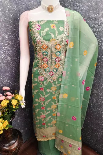 Sky chanderi embroidered unstitched dressmaterials 3 pair top bottom dupptaa