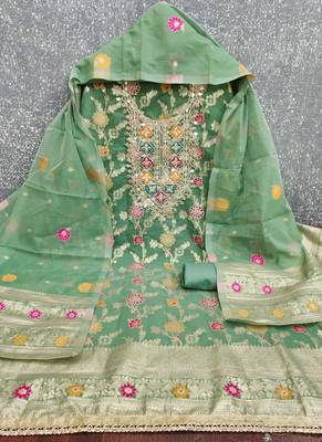Sky chanderi embroidered unstitched dressmaterials 3 pair top bottom dupptaa 3