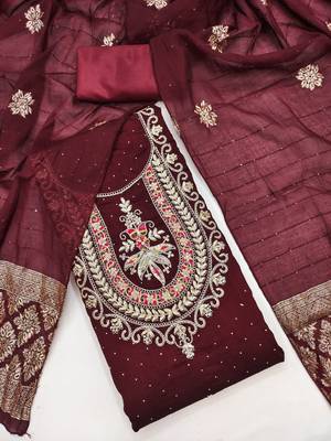 Maroon silk embroidered unstitched dressmaterials 3 pair top bottom dupptaa 1