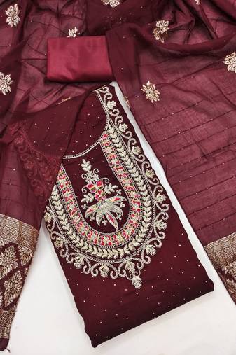 maroon silk blend embroidered unstitched dressmaterials 3 pair top bottom dupptaa