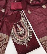 Maroon silk embroidered unstitched dressmaterials 3 pair top bottom dupptaa