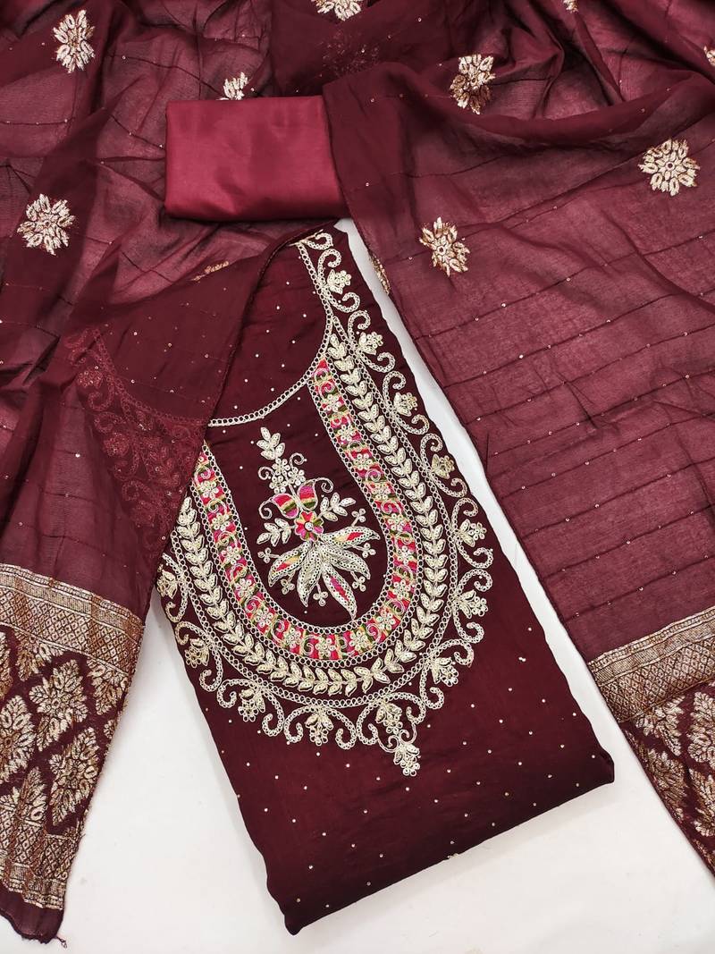 Maroon silk embroidered unstitched dressmaterials 3 pair top bottom dupptaa