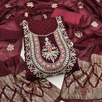 Maroon silk embroidered unstitched dressmaterials 3 pair top bottom dupptaa 2