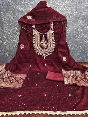 Maroon silk embroidered unstitched dressmaterials 3 pair top bottom dupptaa 3