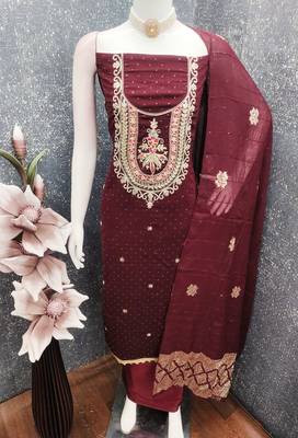 Maroon silk embroidered unstitched dressmaterials 3 pair top bottom dupptaa 4