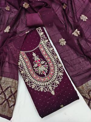 Purple silk  embroidered unstitched dressmaterials 3 pair top bottom dupptaa 1
