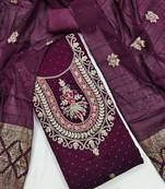 Purple silk  embroidered unstitched dressmaterials 3 pair top bottom dupptaa