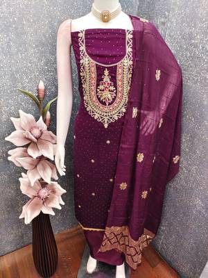 Purple silk  embroidered unstitched dressmaterials 3 pair top bottom dupptaa 2