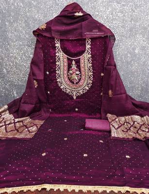 Purple silk  embroidered unstitched dressmaterials 3 pair top bottom dupptaa 3
