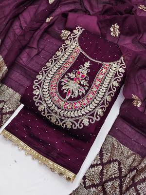 Purple silk  embroidered unstitched dressmaterials 3 pair top bottom dupptaa 4