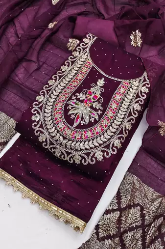 Purple silk  embroidered unstitched dressmaterials 3 pair top bottom dupptaa