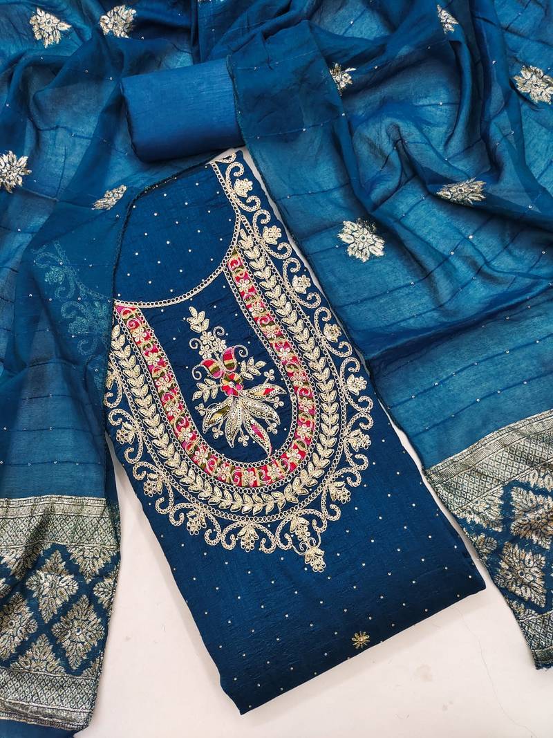 Blue silk  embroidered unstitched dressmaterials 3 pair top bottom dupptaa